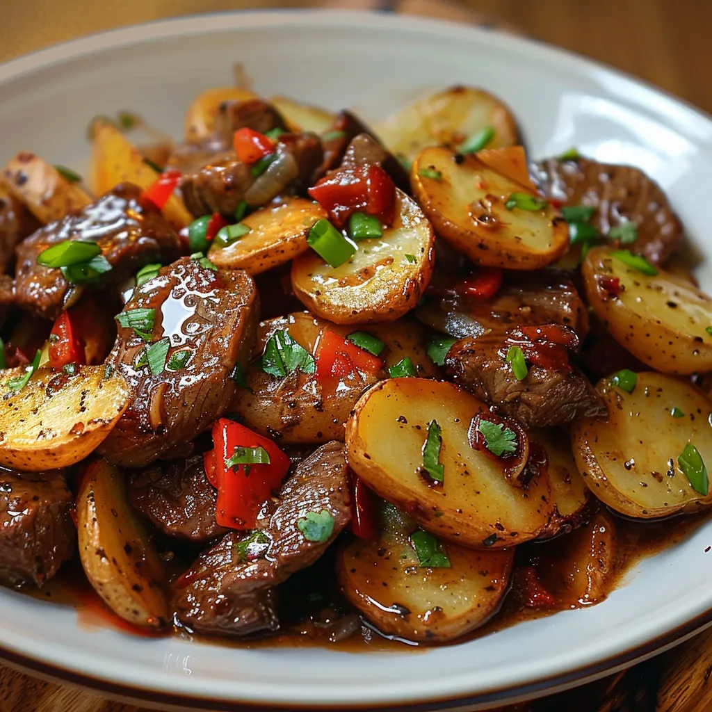 Ein weißer Teller mit einer Mischung aus Fleisch, Kartoffeln und Gemüse.