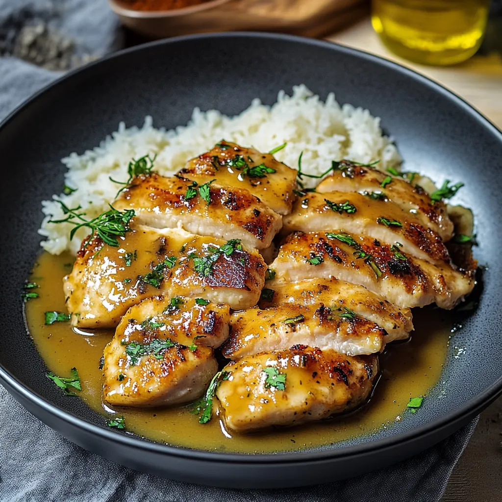 Plato de pollo con arroz y hierbas.