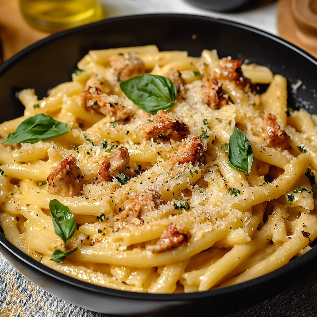 Eine Pfanne mit Pasta, Gemüse und Käse als Topping.