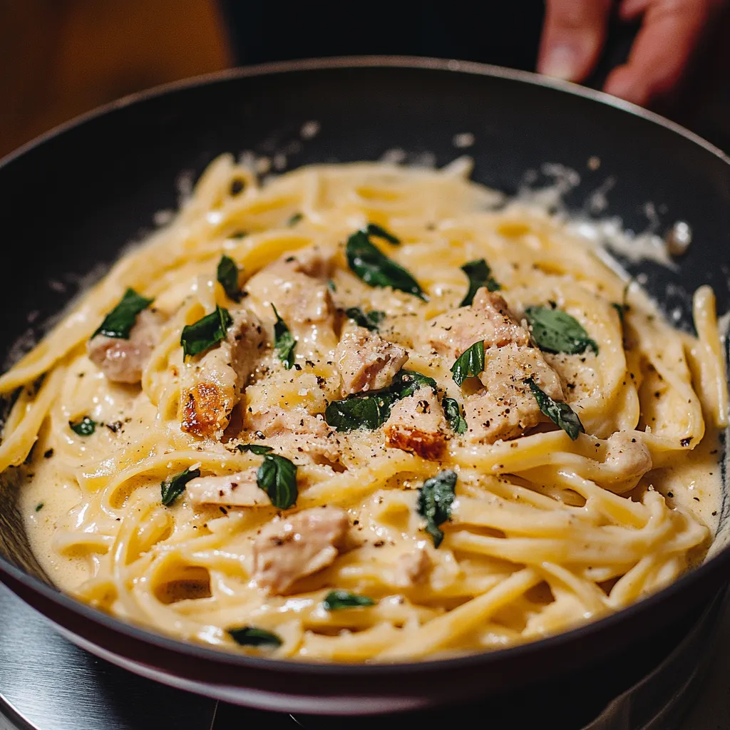 Ein Topf voller Pasta mit Gemüse und Fleisch.