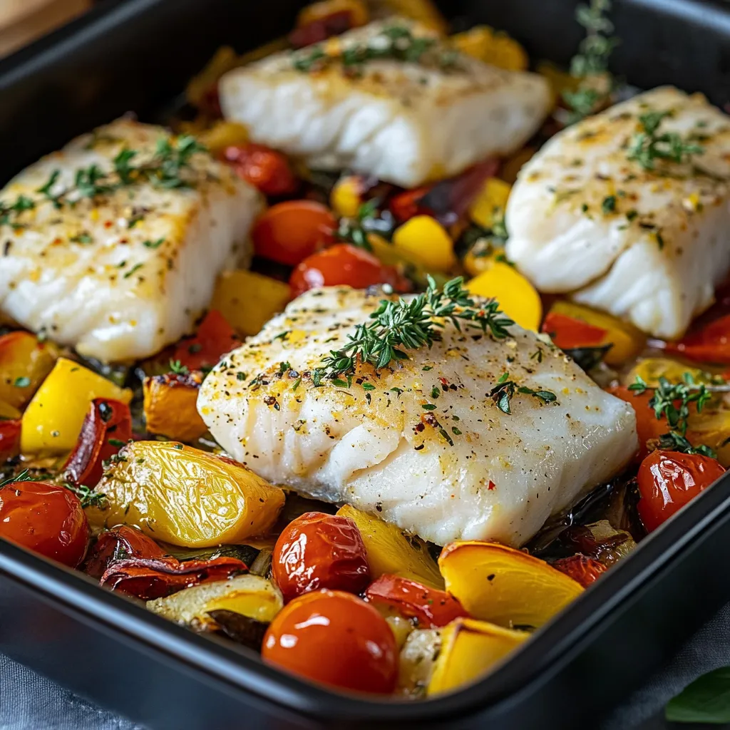 Ein Teller mit Fisch und Gemüse.