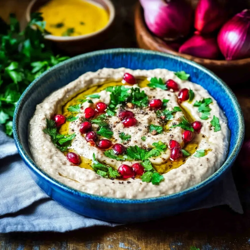 Eine Schale mit cremigem Auberginendip und Zwiebelstückchen.