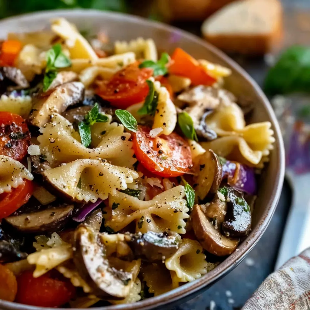 Un bol contenant des pâtes, tomates, oignons, basilic et champignons.