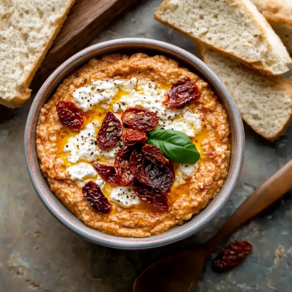 Ein Becher mit einer cremigen Substanz, die mit Tomaten, Basilikum und Käse vermischt ist.