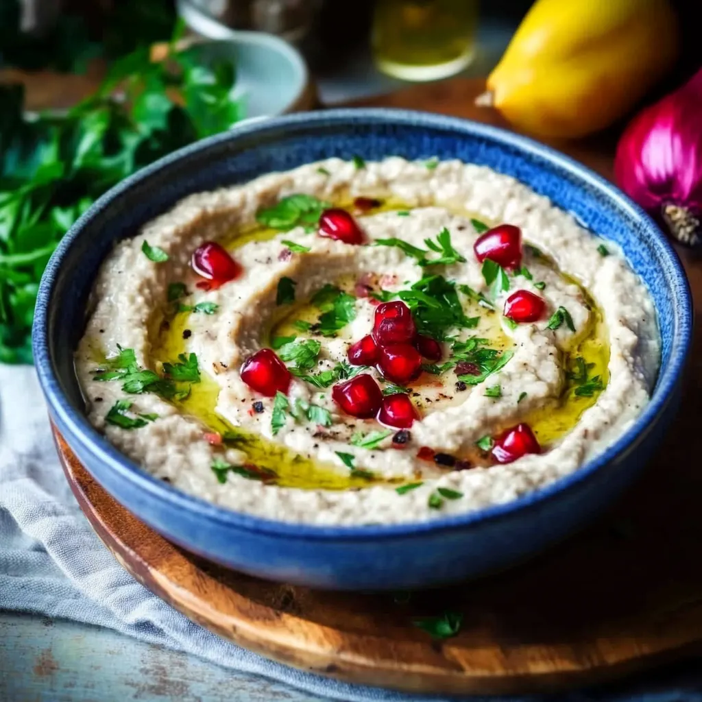 Ein Schüssel mit einer Mischung aus Hummus und Pomegranaten.