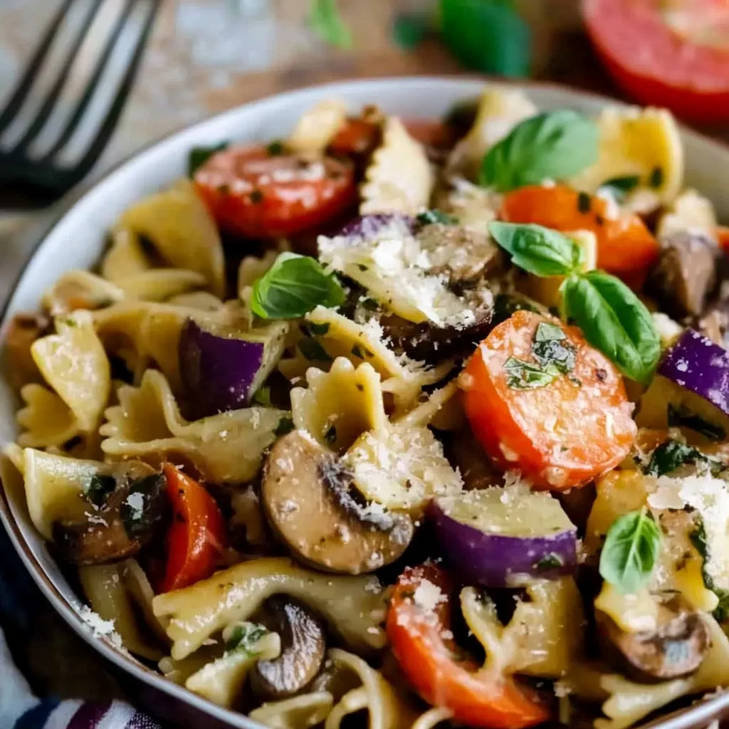 Ein Bohneneintopf mit Spaghetti, Tomaten, Zwiebeln, Basilikum und Pilzen.