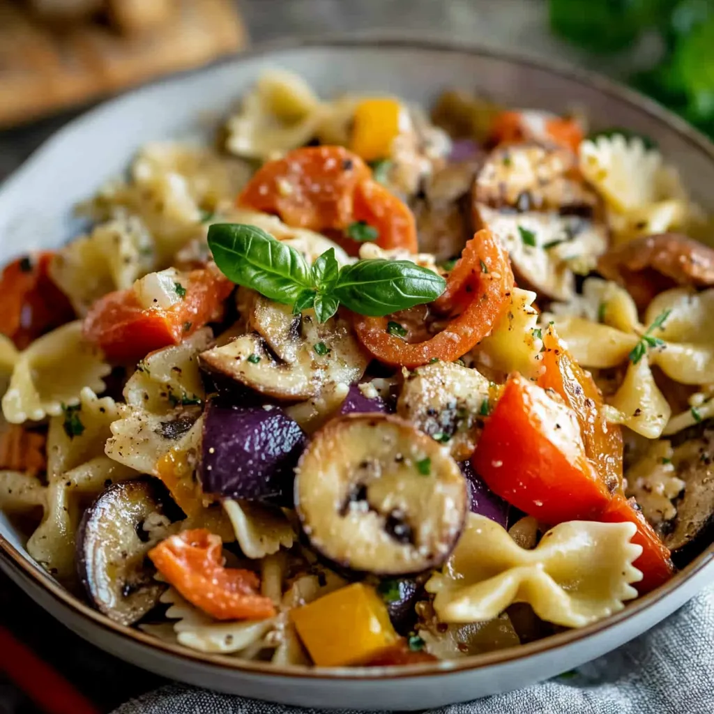 Ein Bohneneintopf mit Pasta, Tomaten, Zwiebeln und Basilikum.