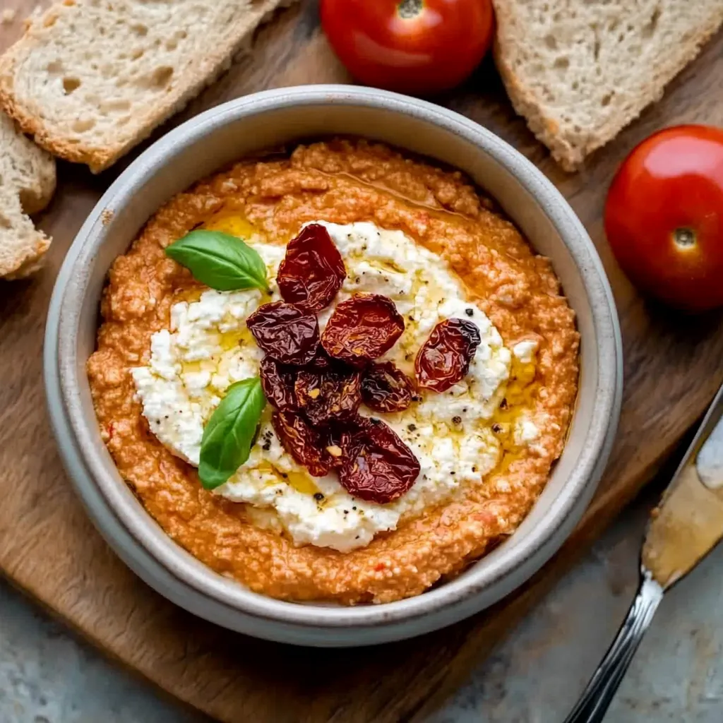 Ein Becher mit einer cremigen Substanz, die mit Tomaten und Basilikum garniert ist.