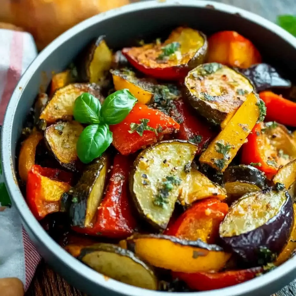Ein Schüssel mit einer Mischung aus Zucchini, Paprika, Tomaten und Basilikum.
