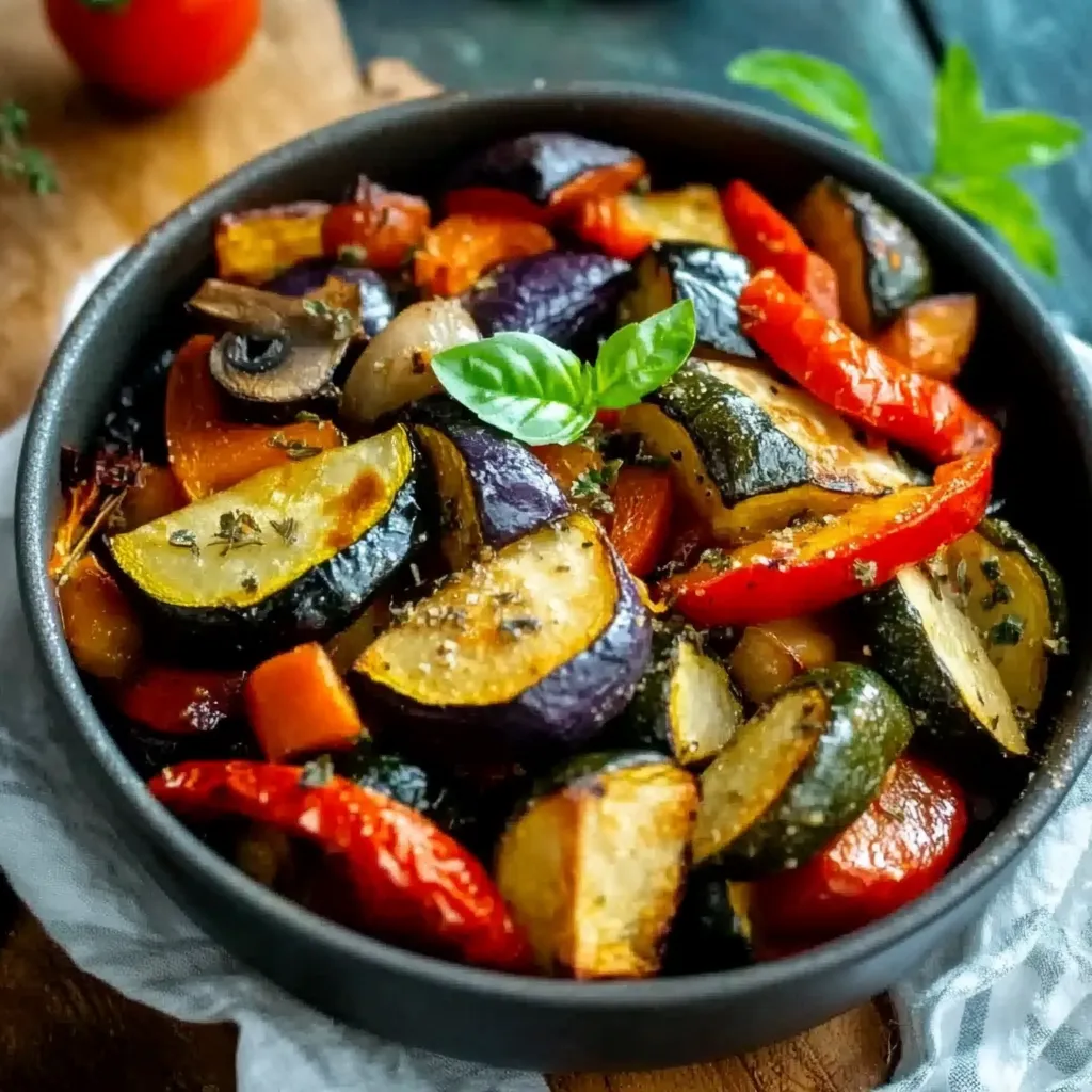 Ein schwarzes Kochgeschirr mit einer Mischung aus Zucchini, Paprika, Tomaten, Basilikum und anderen Gemüse.