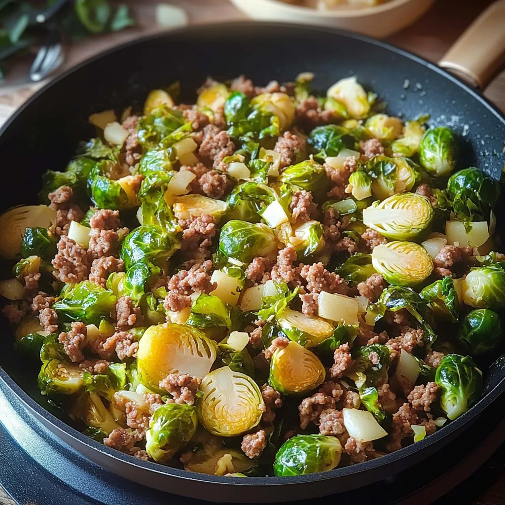 Ein Topf mit Hackfleisch und Rosenkohl.