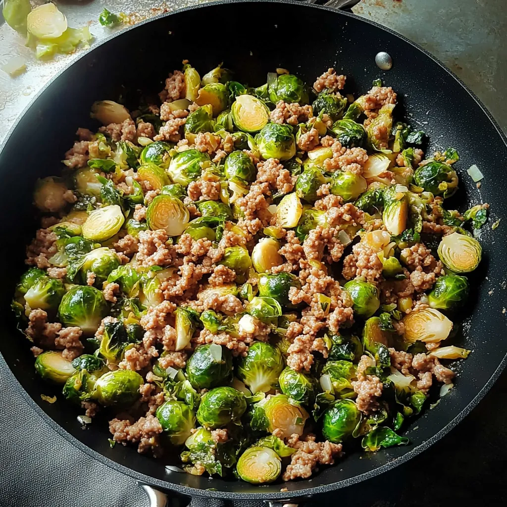 Ein Topf mit Hackfleisch und Rosenkohl.