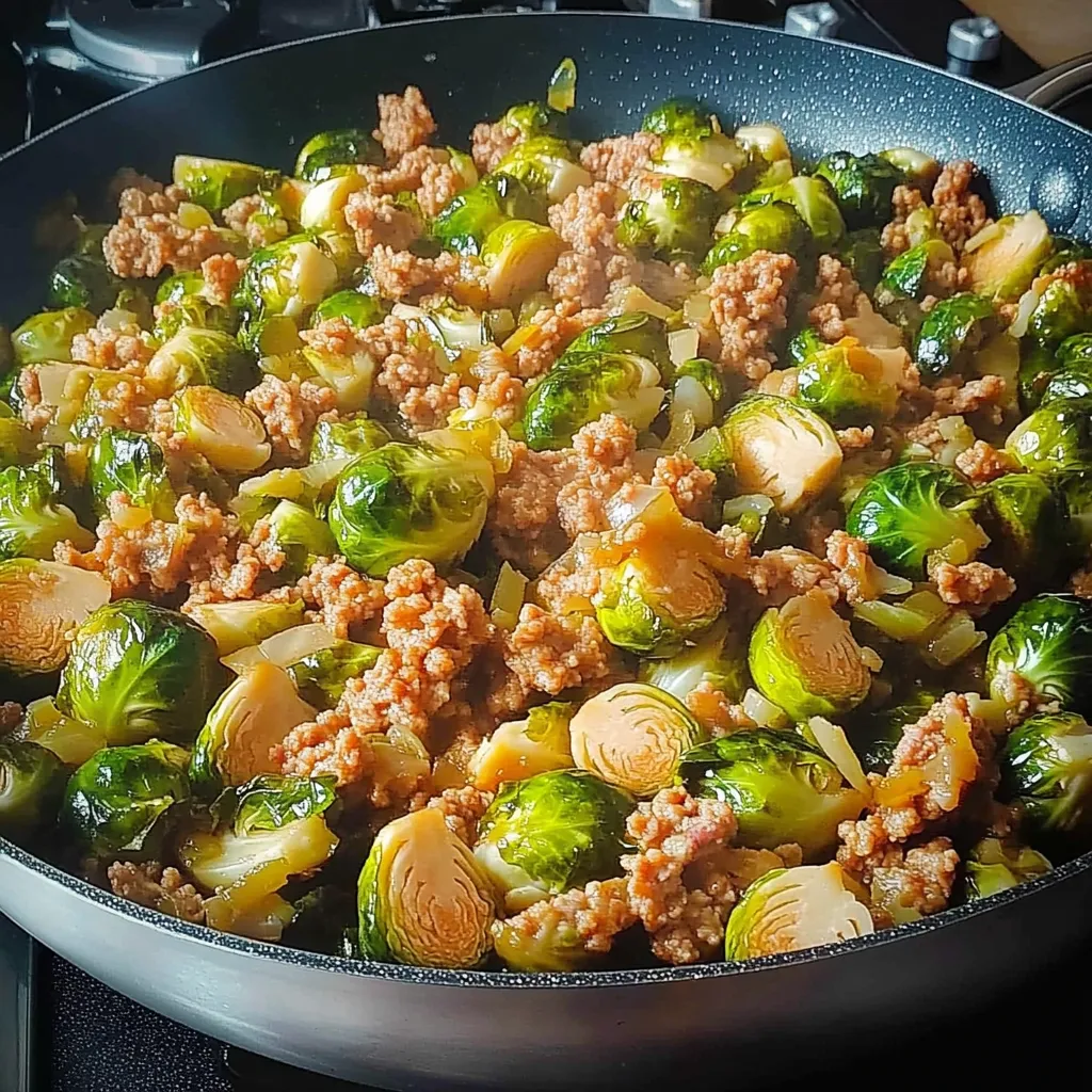 Ein Topf mit Hackfleisch und Rosenkohl.