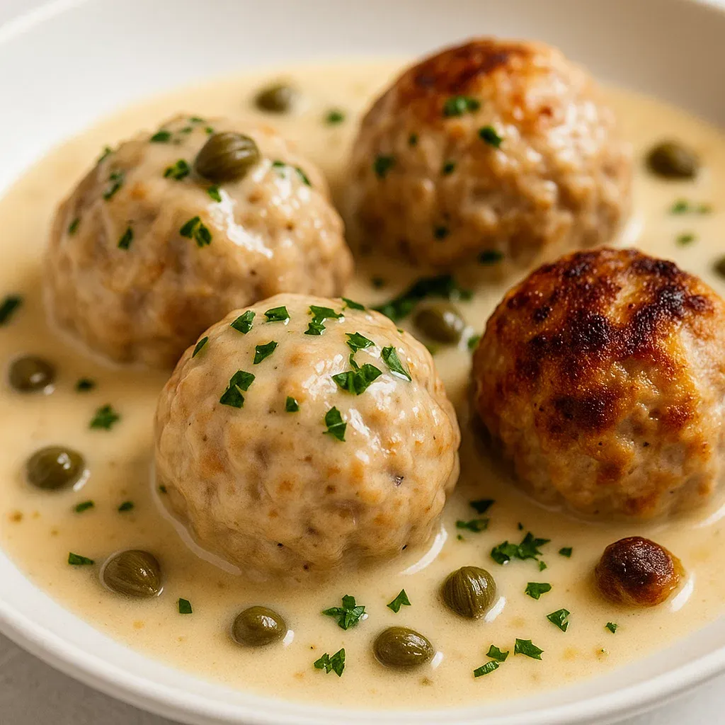 Deutsche Fleischbällchen in Kapernsauce.