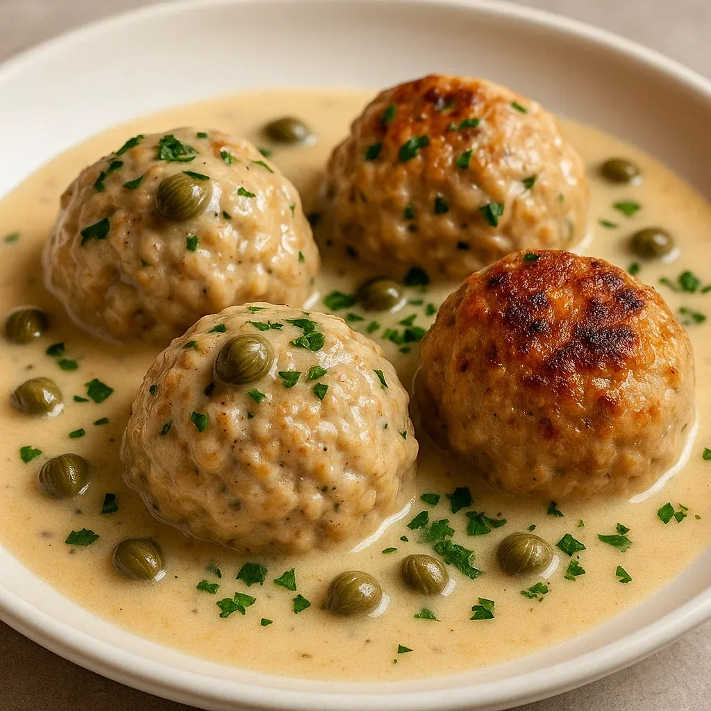 Eine Platte mit vier Fleischbällchen in einer Kapernsauce.