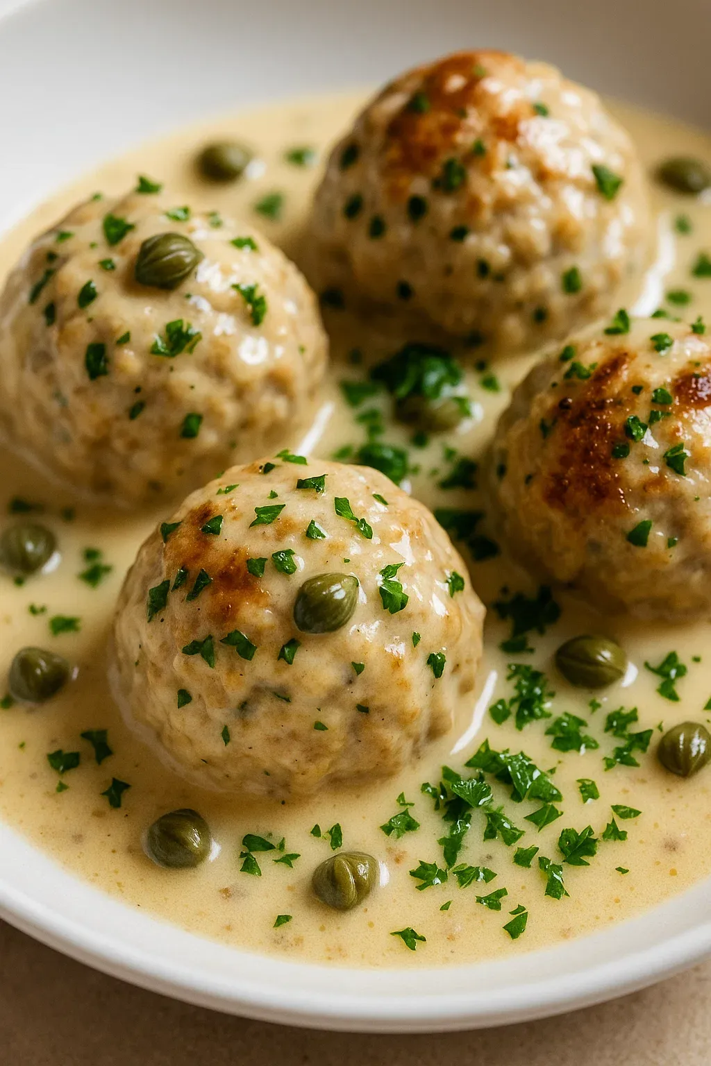 Deutsche Fleischbällchen in Kapernsauce.