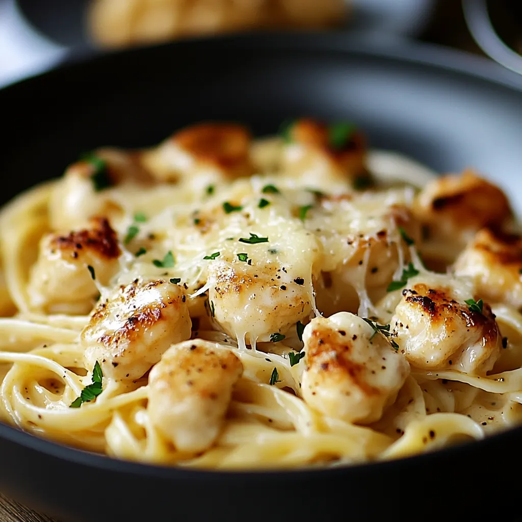 Eine Schüssel mit Pasta, Hähnchenstücken und Knoblauchbutter.