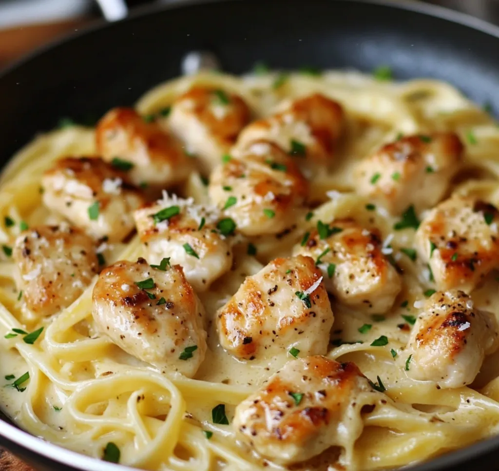 Ein Bild von Hähnchenstücken, die in einer Pasta-Auflaufform gegart sind. Jedes Stück Hähnchen ist mit Knoblauchbutter und Sahne-Parmesan-Pasta bedeckt.