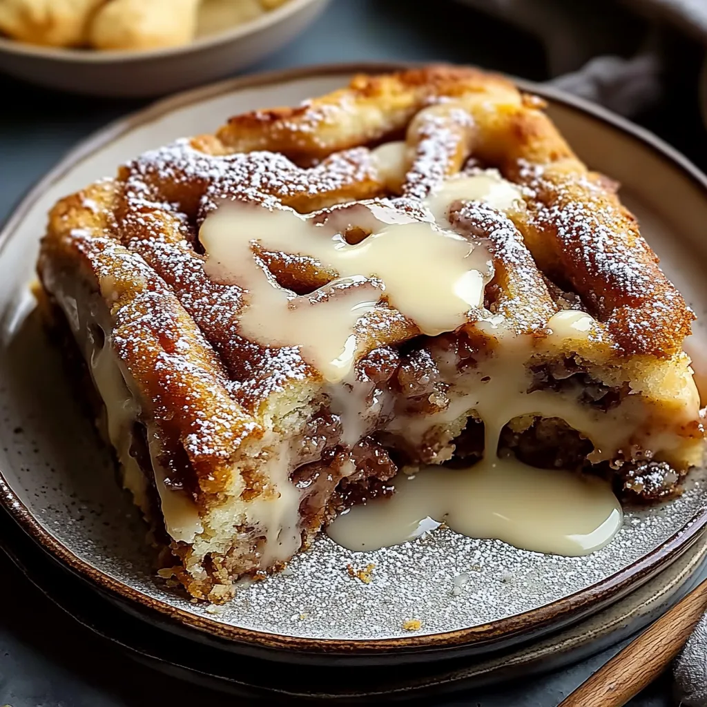 Ein Zimtschneckenkuchen mit Zimtcreme auf einem Teller.