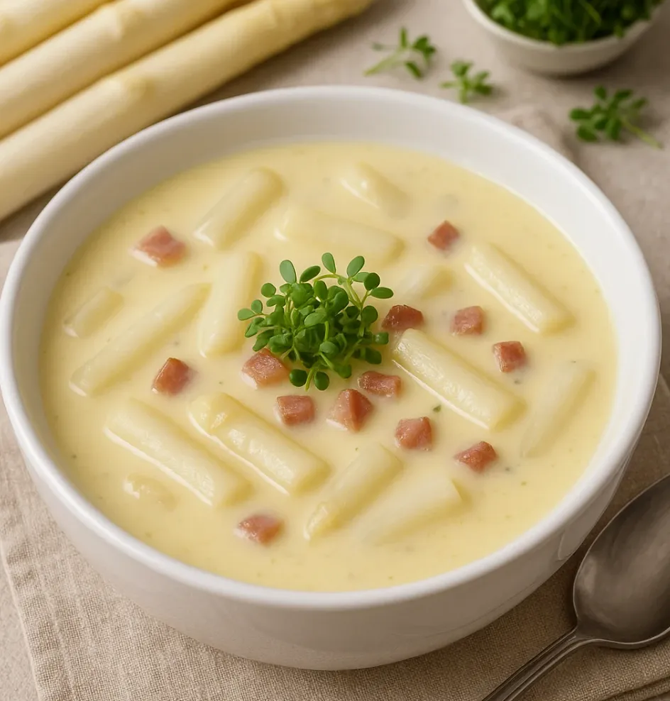 Ein weißer Becher mit Spargelcremesuppe.