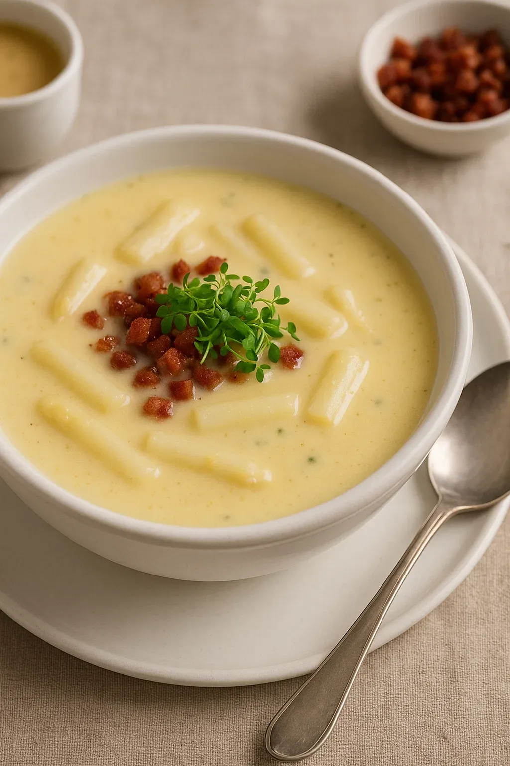 Ein weißer Teller mit einer Suppe, die aus Spargel, Kartoffeln und Käse hergestellt wurde.