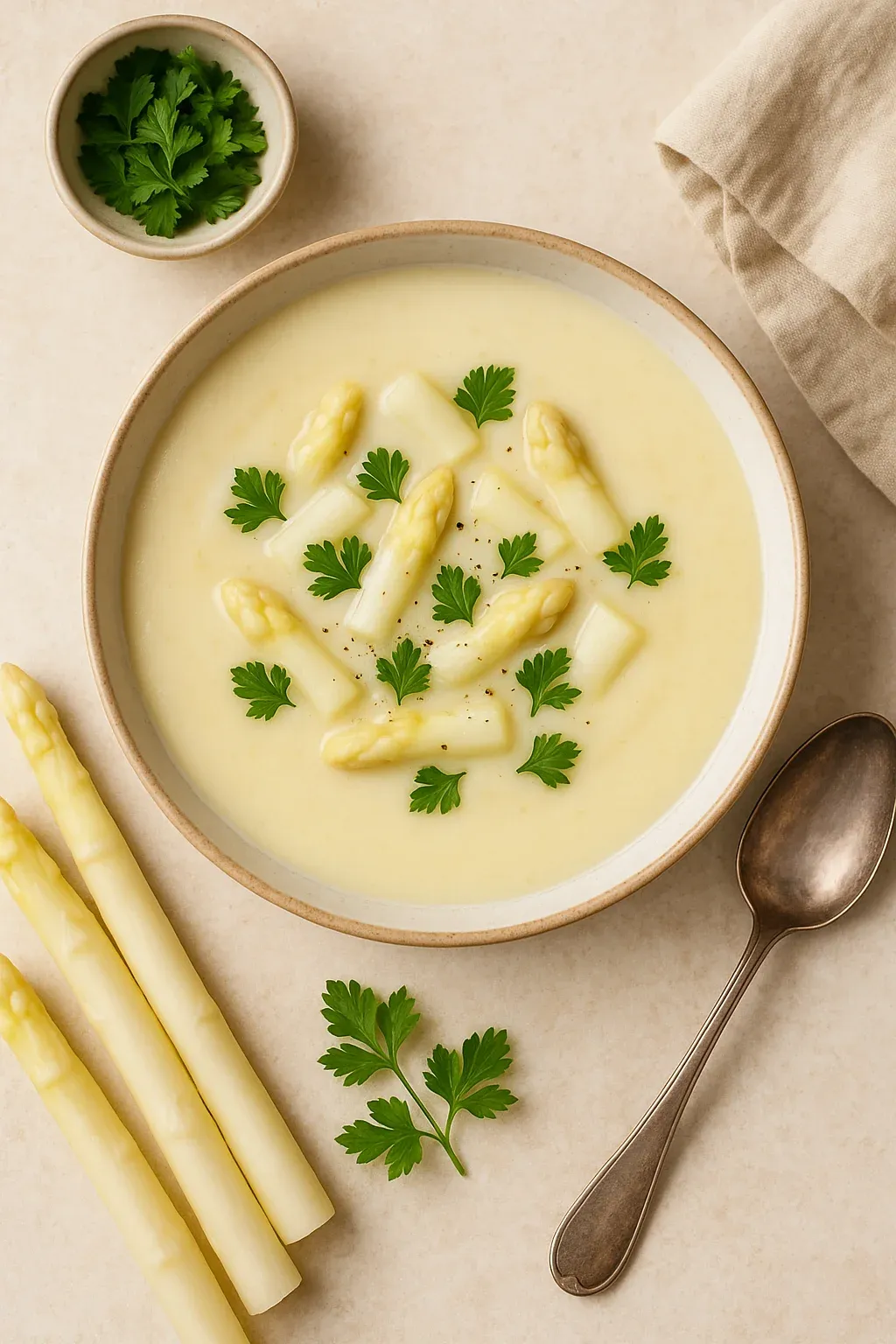 Ein Becher Spargelcremesuppe mit grünen Zwiebeln und Spargeln darauf.