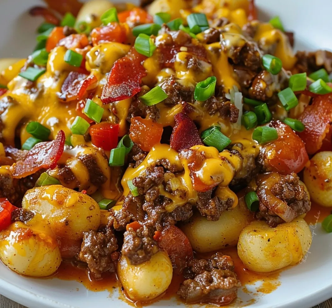 Eine Platte mit Bacon Cheeseburger Gnocchi, die mit Ketchup und Zwiebeln garniert ist.