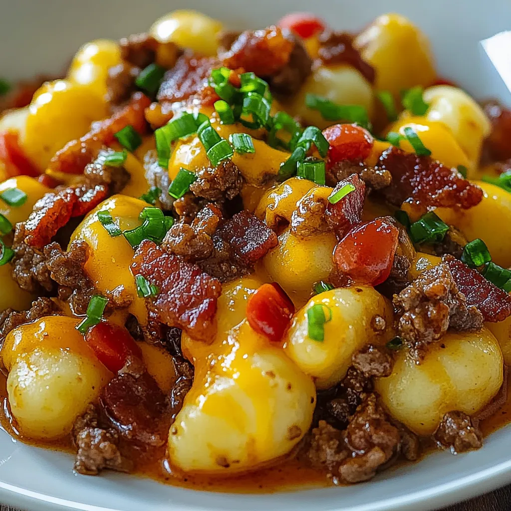Ein weißer Teller mit einer Mischung aus Kartoffeln, Bacon und Gnocchi.
