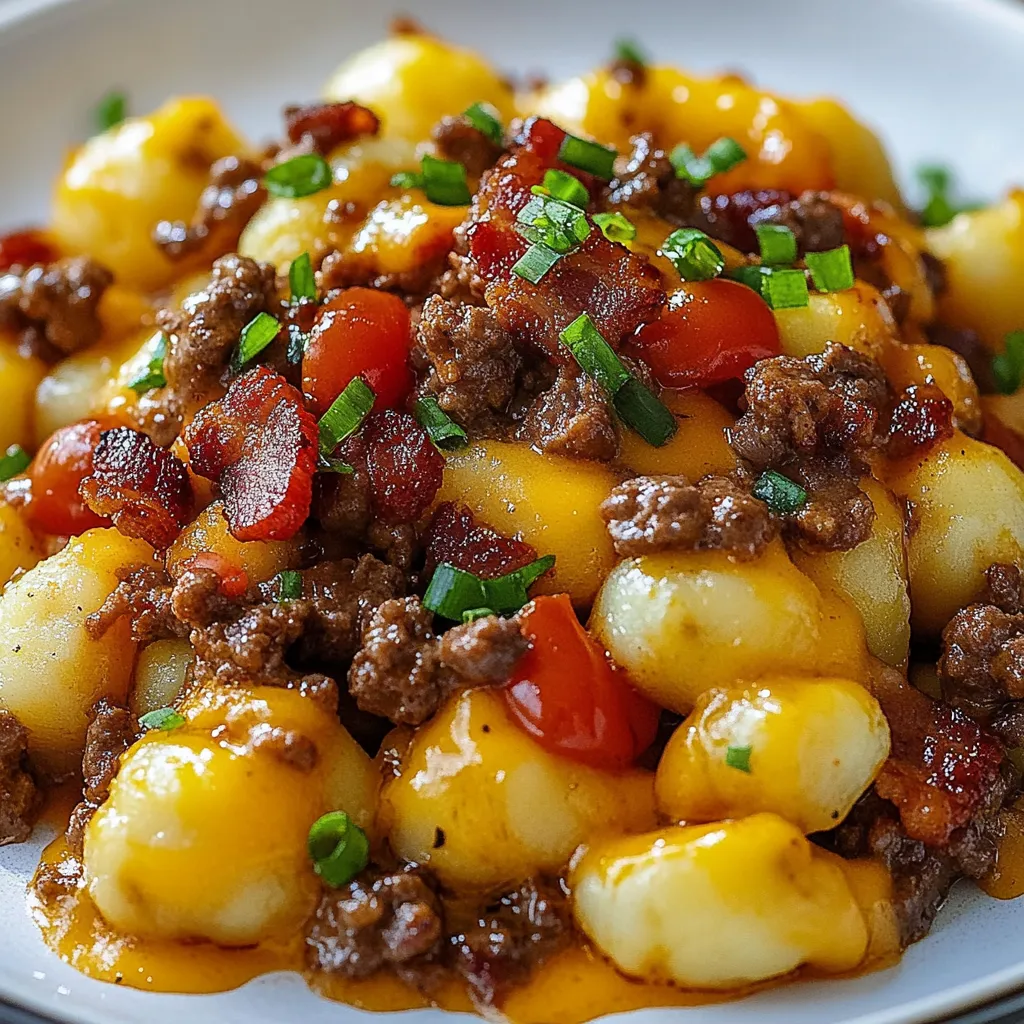 Eine Schüssel mit Bacon Cheeseburger Gnocchi.
