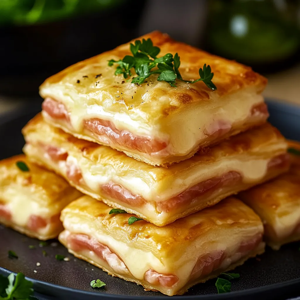 Eine Platte mit Blätterteig, Schinken und Käse.