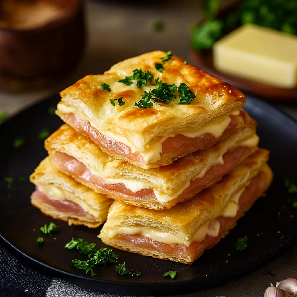 Ein Blätterteig mit Schinken und Käse auf einem Teller.