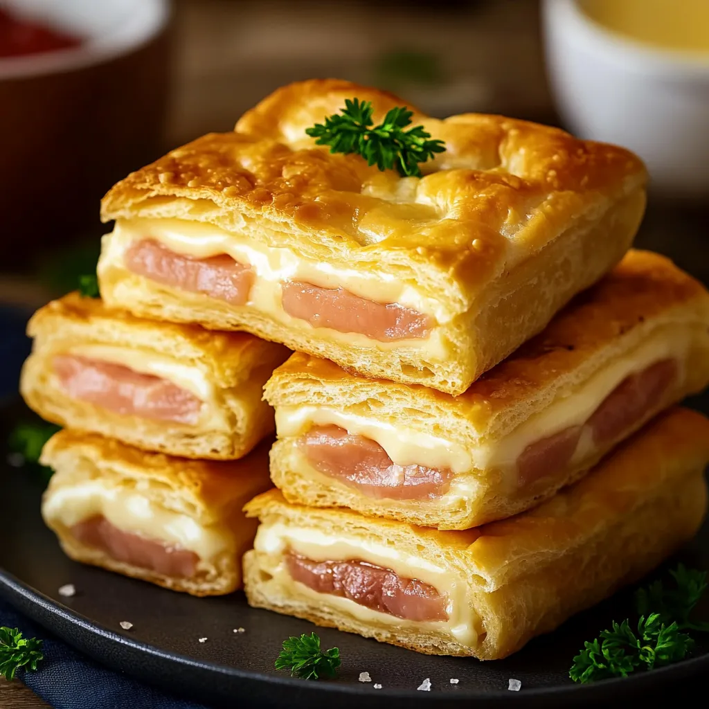 Ein Blätterteig mit Schinken und Käse auf einem Teller.