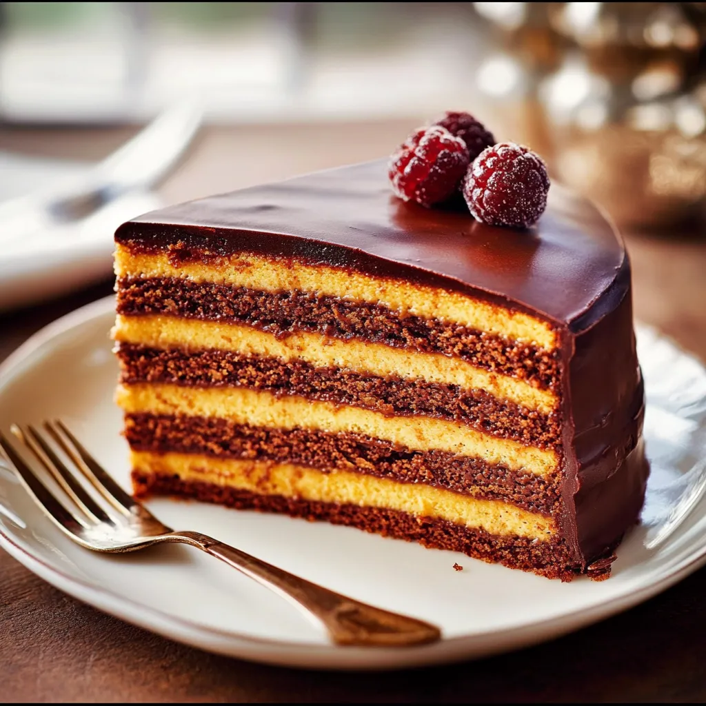 Eine Prinzregententorte mit Schokoladenglasur und Raspberry-Garnierung auf einem weißen Plate.