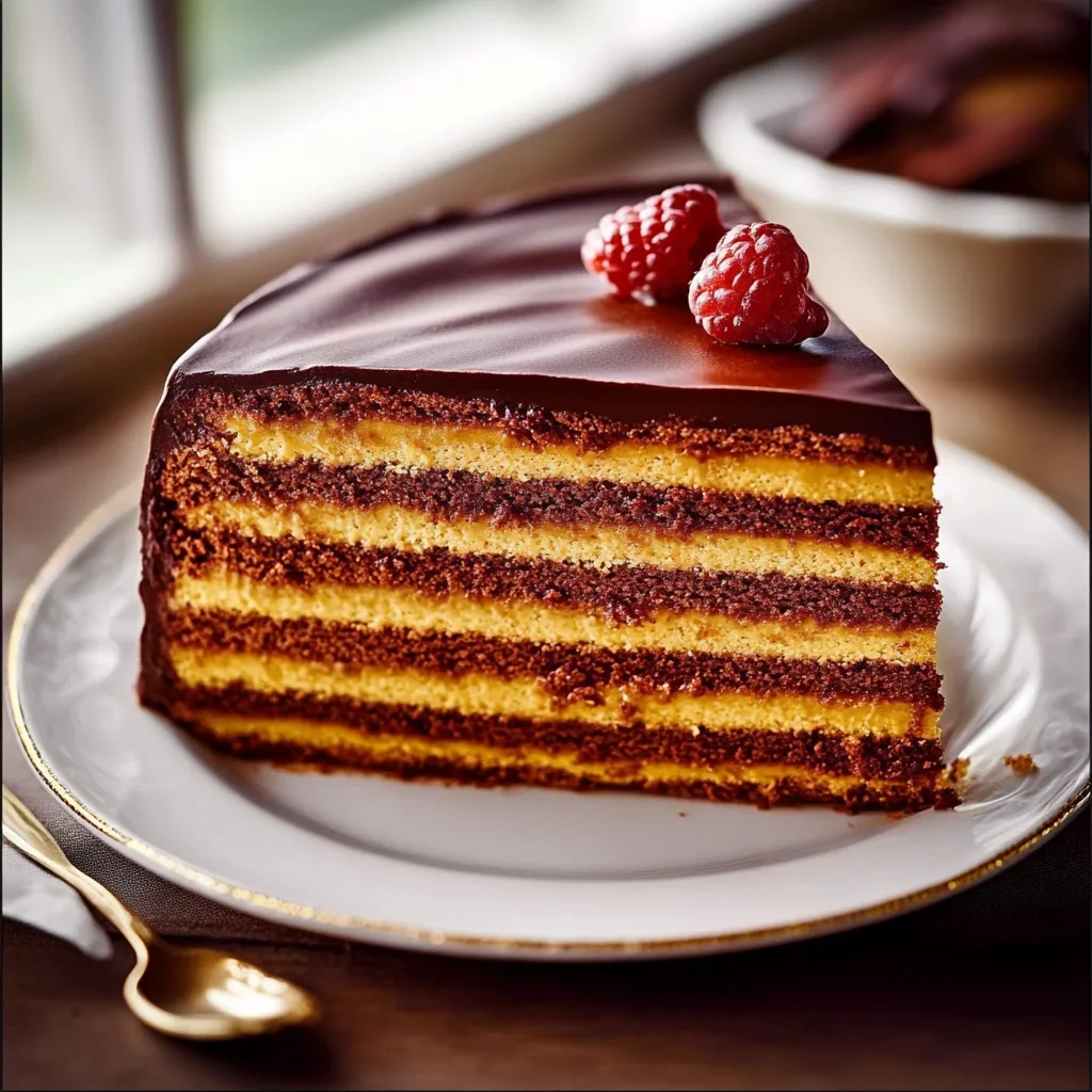 Eine Prinzregententorte mit Schokoladenglasur und Raspberry-Garnierung auf einem weißen Teller.
