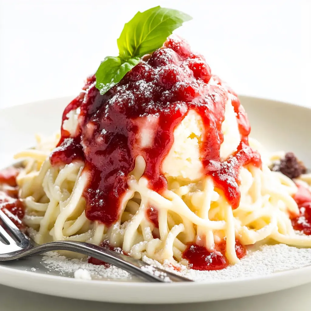 Ein Plate mit Spaghetti und Vanilla Eiscreme.