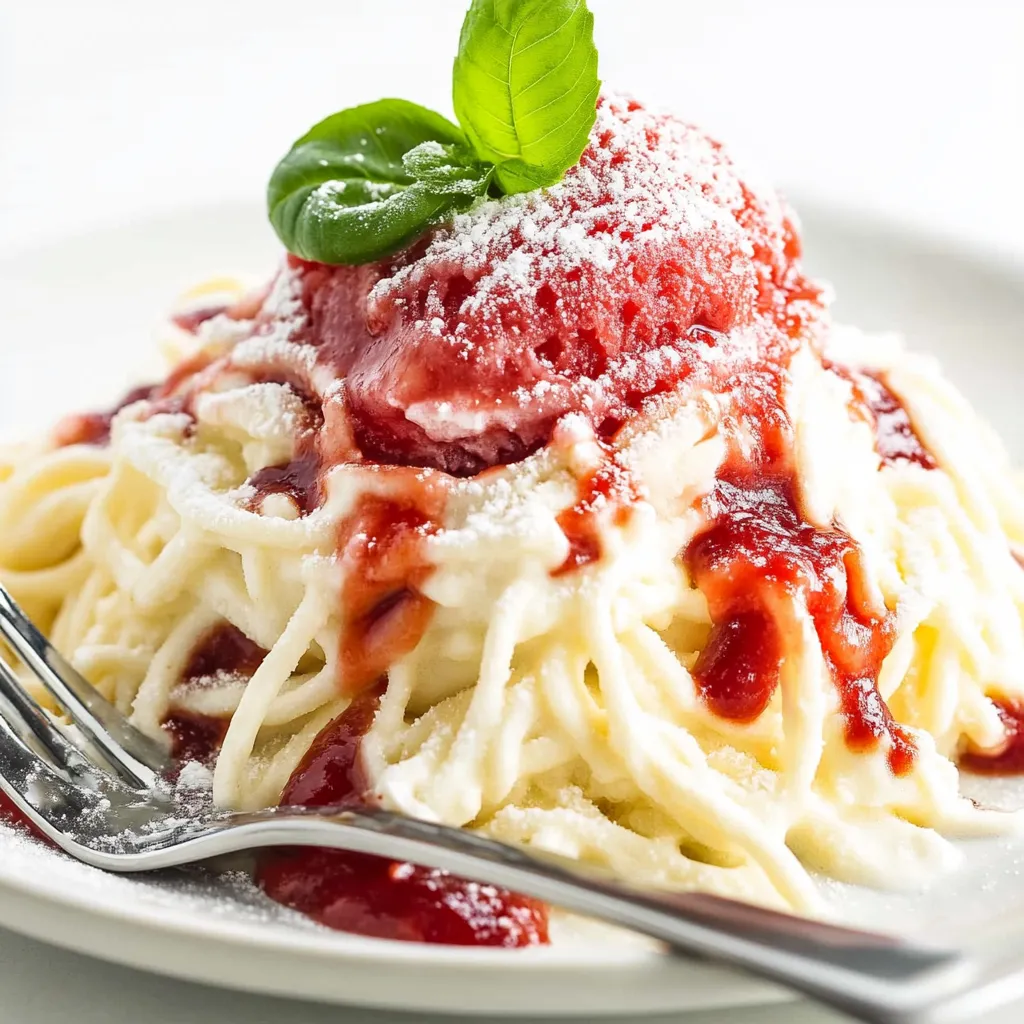 Eine Platte mit Spaghettieis und Vanilla Eiscreme.