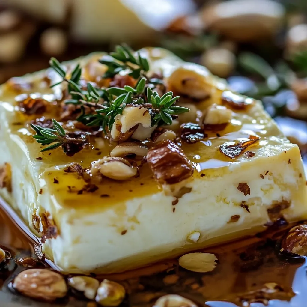 Eine Platte mit einem Überbackenen Feta, der mit Honig, Thymian und Nüssen garniert ist.