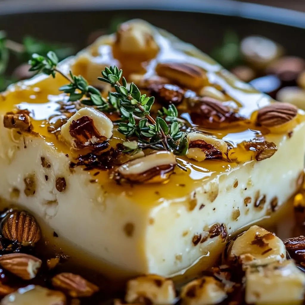 Eine Schüssel mit Überbackenem Feta, Honig, Thymian und Nüssen.