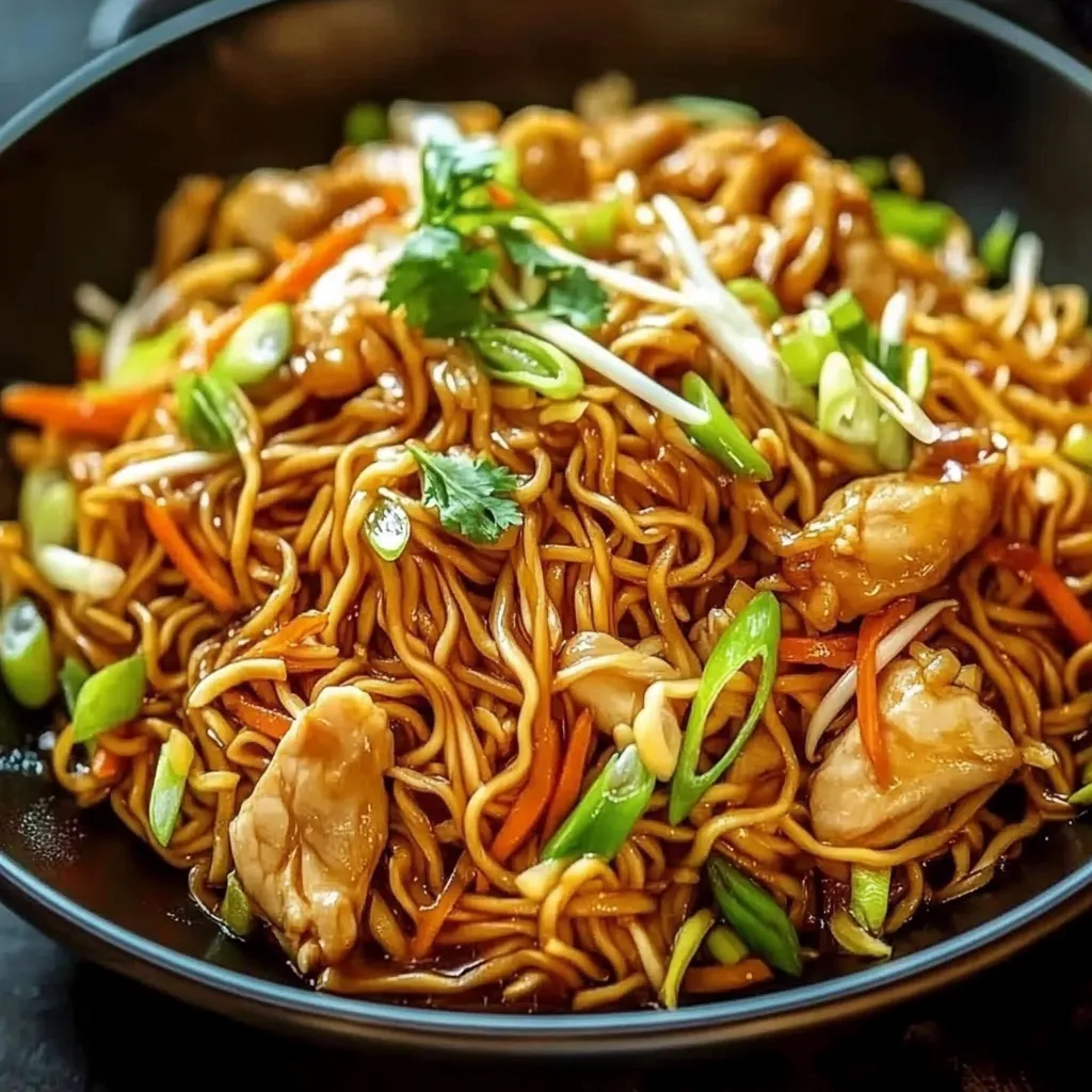 Ein Wok-Nudel-Gericht mit Hähnchen und Sojasprossen.