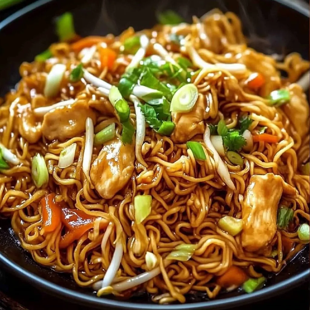 Ein Wok-Nudel-Gericht mit Hähnchen und Sojasprossen.