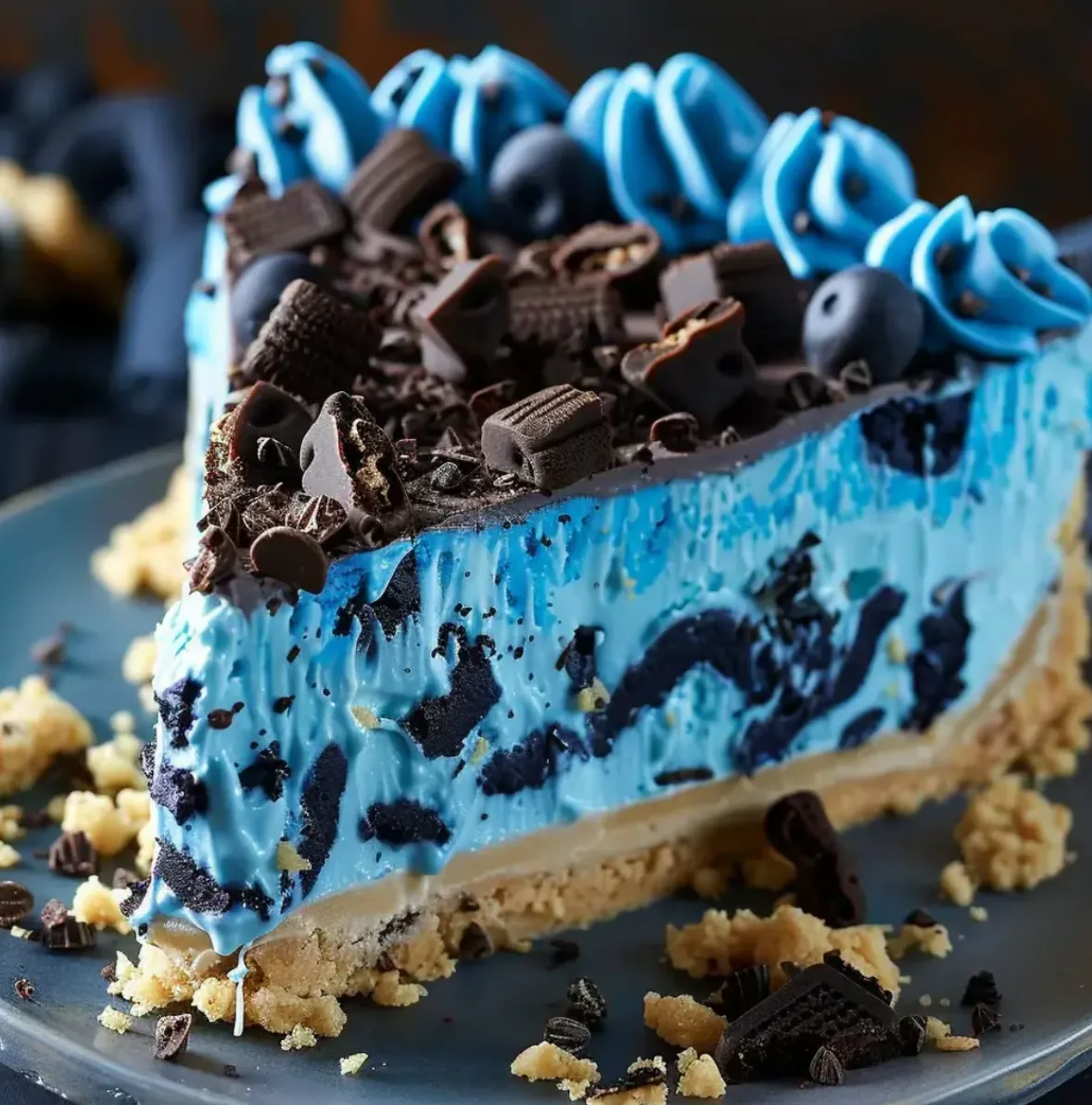 Ein Stück Cheesecake mit Schokoladenstreusel und Schokoladenkugeln auf einem Plate.