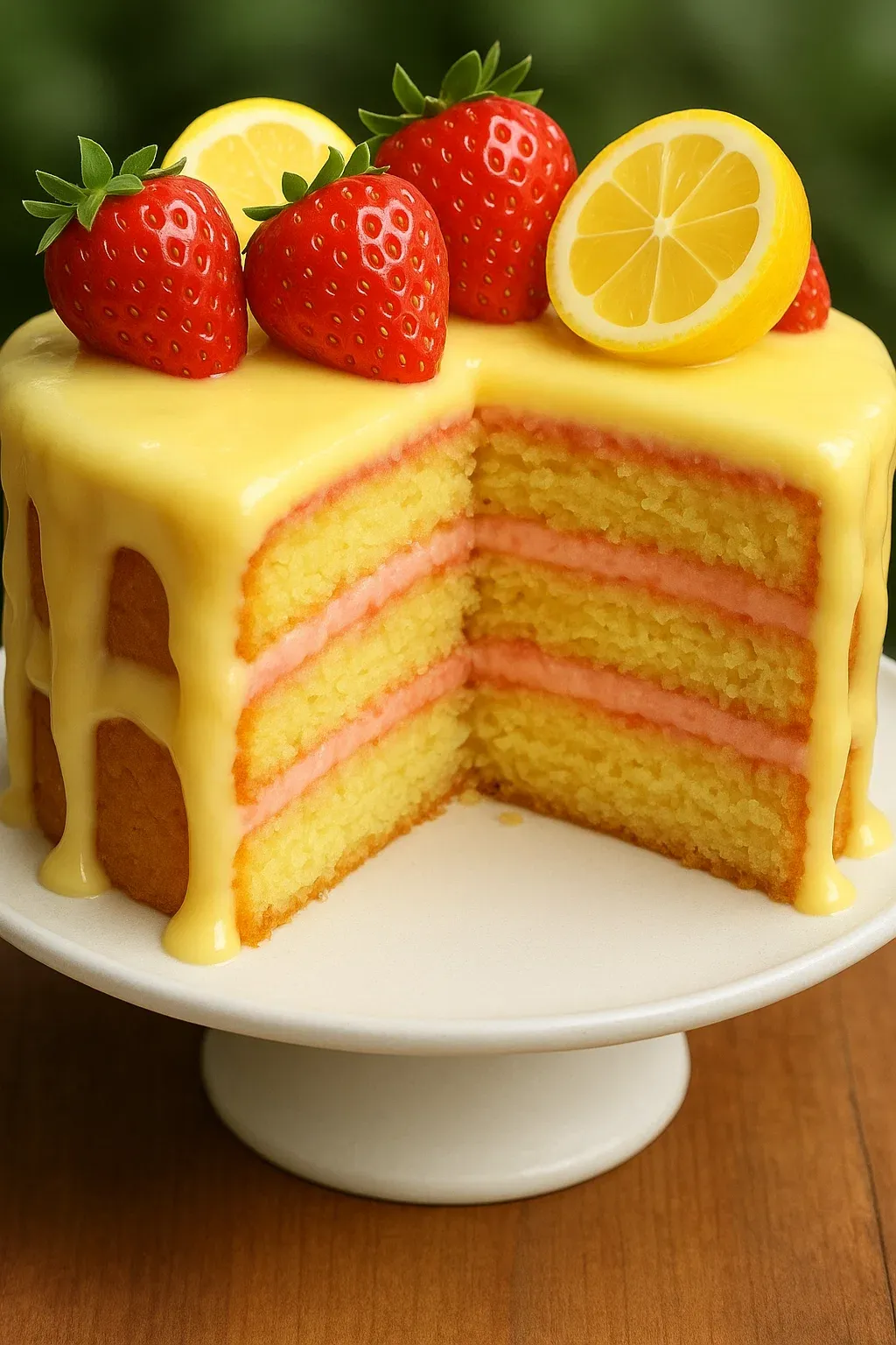 Eine Schicht von Strawberry Cake mit Strawberries und Zitronen.