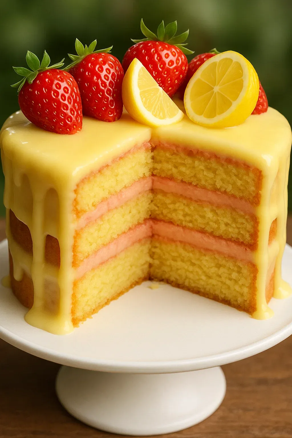 Ein Stück Käsekuchen mit Strawberries und Zitronen darauf.
