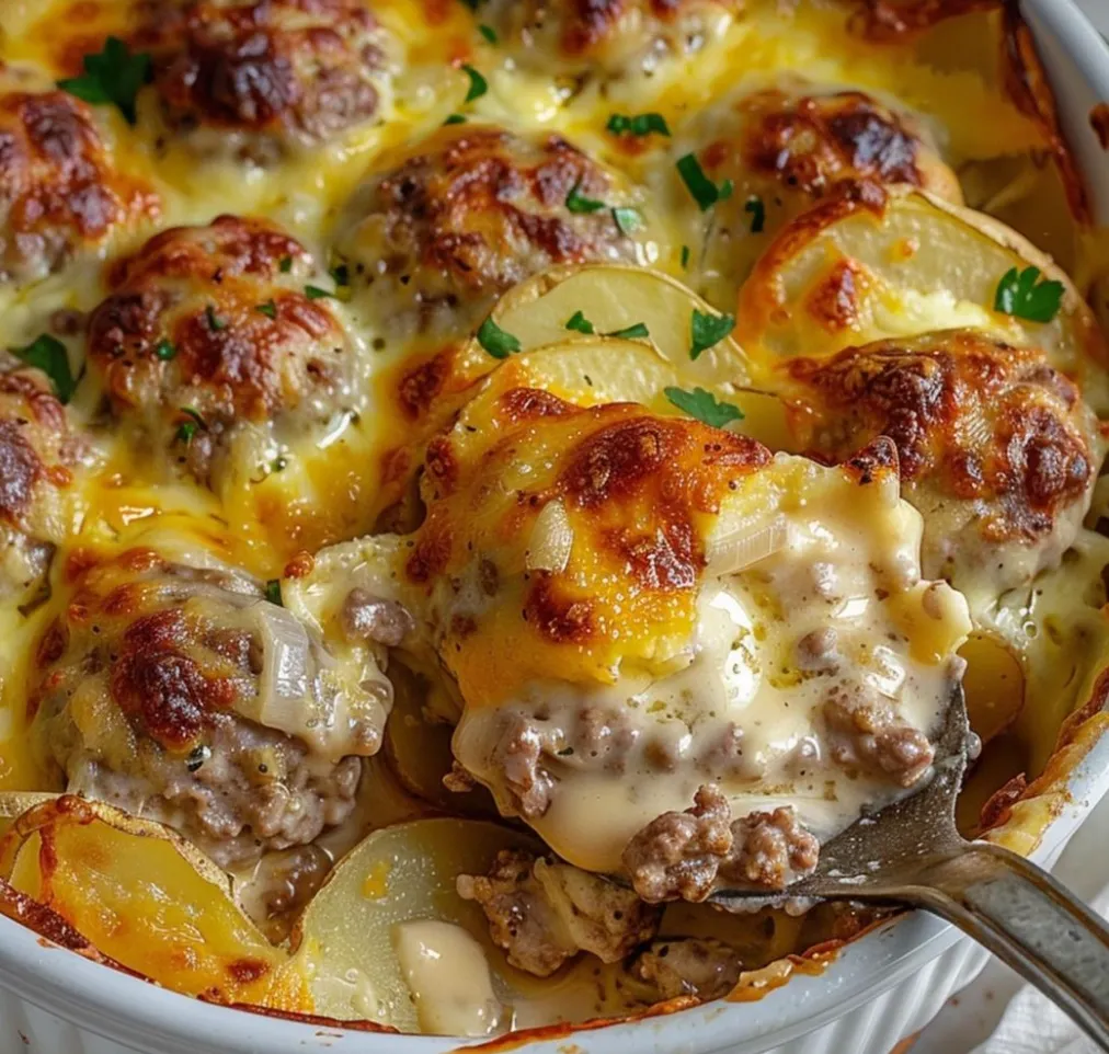 Ein Schälchen mit Fleischbällchen, Kartoffeln und Käse.