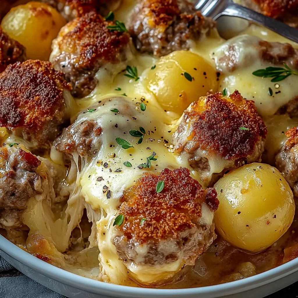 Ein weißer Teller mit Käse, Fleisch und Kartoffeln.