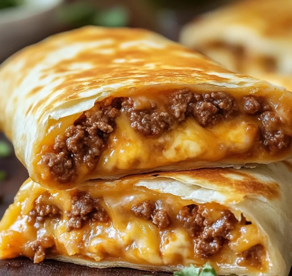 Eine Taco-Käse-Taschen mit Käse und Rindfleisch.