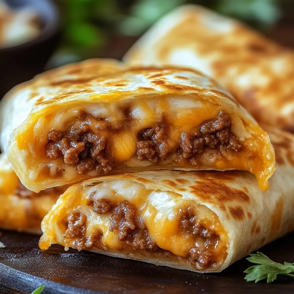 Eine Schicht aus Käse und Rindfleisch auf einer Tortilla.