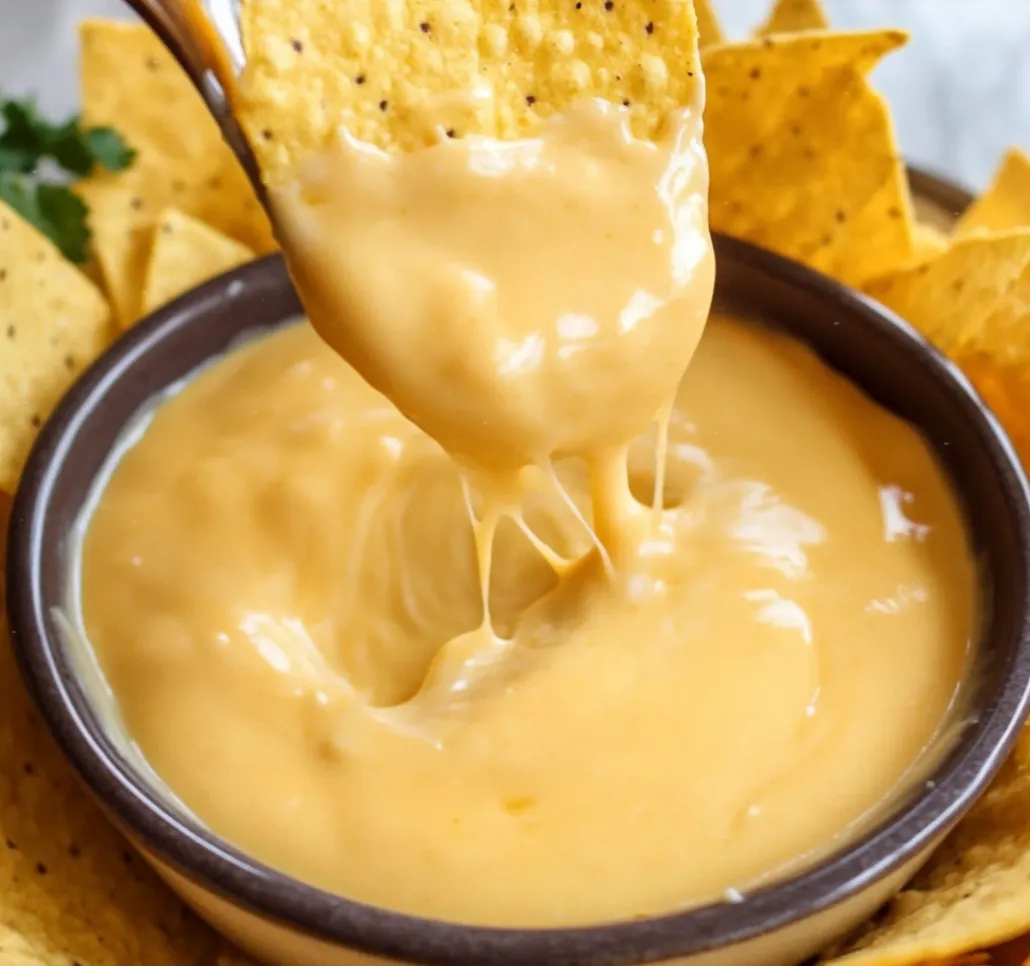 Eine Schüssel mit cremiger Käsesauce, die mit einer Gabel gestochen wird.