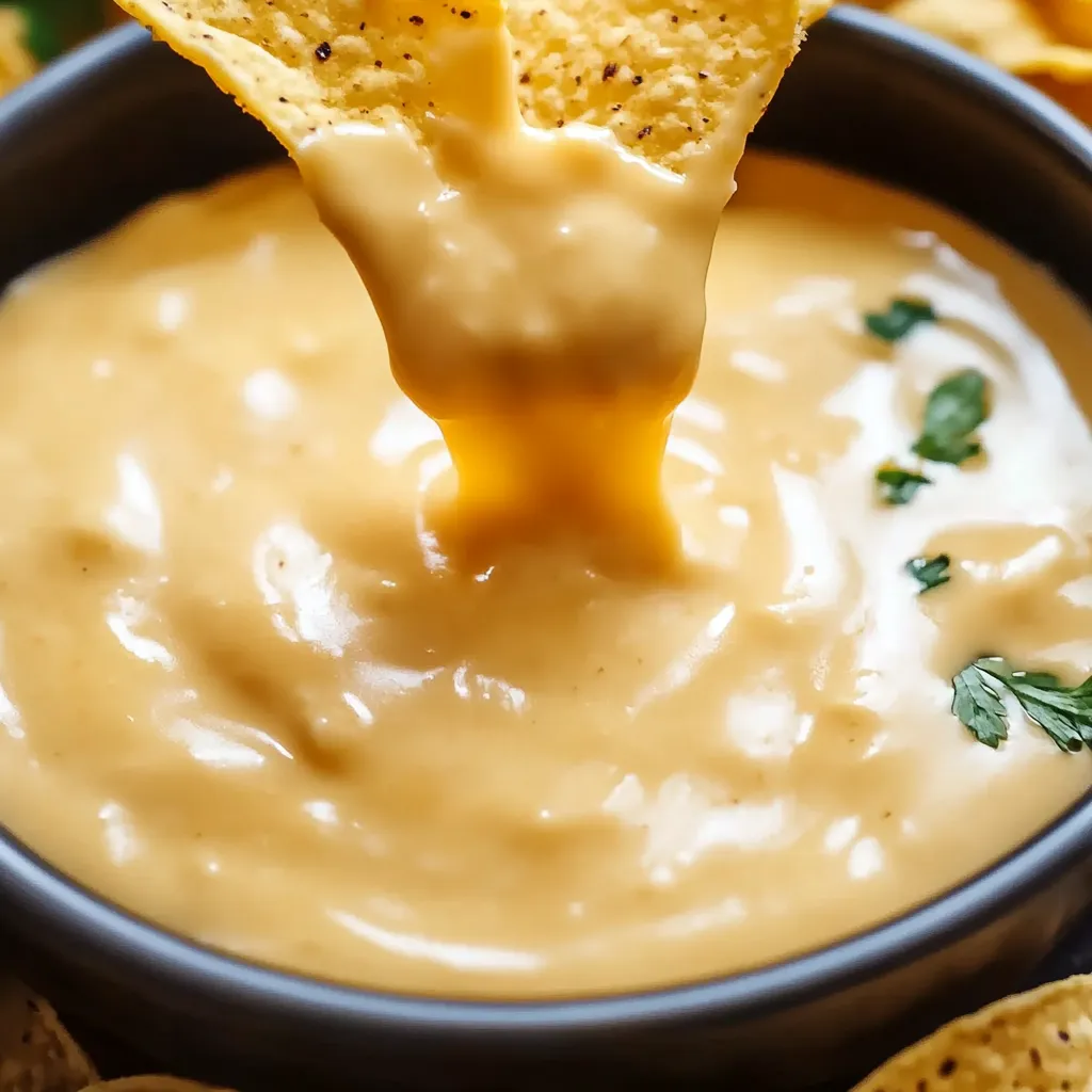 Eine Schüssel mit einer cremigen Sauce, aus der ein Stück Chips gezogen wird.