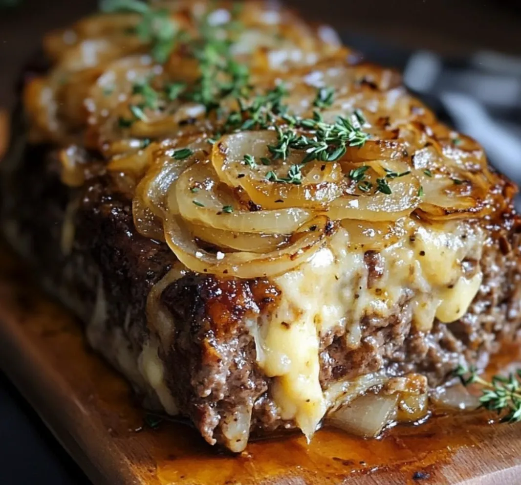 Ein Zwiebelhackbraten auf einem Holzblock, der mit Zwiebeln und Knoblauch garniert ist.